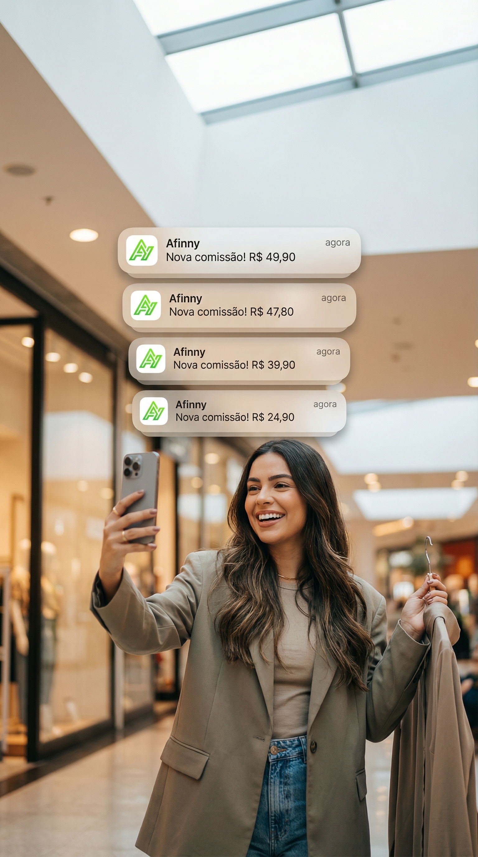 Influencer no shopping com notificações de comissão Afinny flutuando acima do iPhone